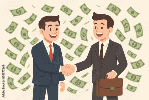 Two businessmen shaking hands under a rain of money. Concept of a successful deal, profitable partnership, financial agreement, making money, and business success. Vector.
