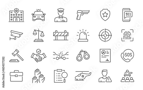 Police web icons in line style. Law, judgement, court, weapon, arrest, police officer, siren, collection. Vector illustration.