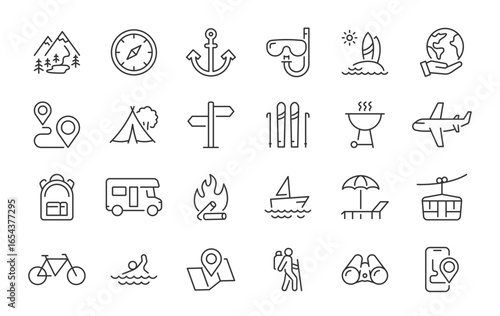 Adventure web icons in line style. Journey, travel, adventure, camping, mountain, hike. Vector illustration.