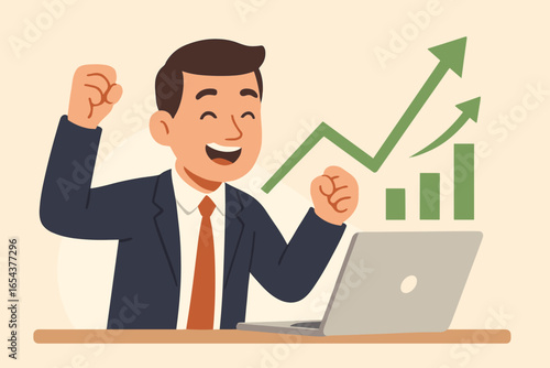 Successful businessman celebrating financial success. Happy investor making profit with stock market trading. Man with laptop looking at growth chart and arrow up.