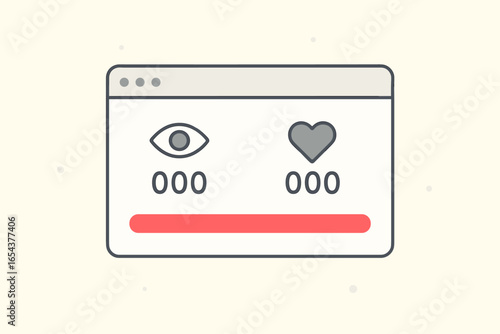 Social media views and likes counter. Channel growth and engagement metrics. Follower and subscriber popularity concept. Vector illustration of a progress bar with heart and eye icons.