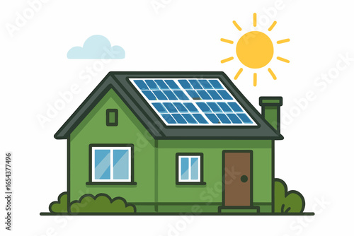 House with solar panels on the roof. Green renewable energy. Eco-friendly home powered by the sun. Photovoltaic system for electricity. Flat cartoon vector illustration.