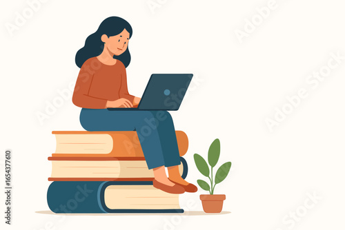 Online education concept. Woman student studying with laptop on stack of books. E-learning, digital library, webinar, online course. Flat design vector illustration with copy space.