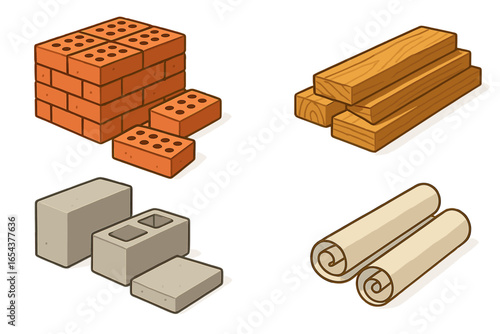 Building materials set. Isometric vector icons. Red brick, wood planks, concrete cinder blocks, and insulation rolls. Construction industry elements for building a house.