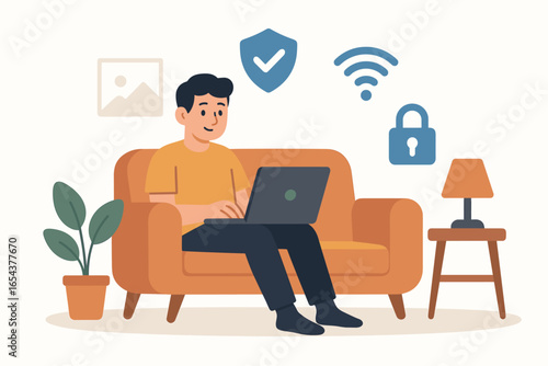 Man at home on sofa with laptop. Online security, data protection, internet privacy concepts. Secure wifi connection, vpn, antivirus, firewall symbols. Remote work safety.