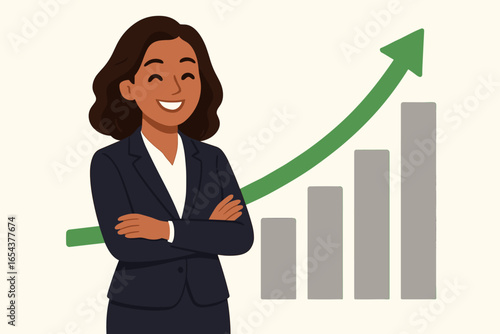 Successful businesswoman character smiles confidently. Financial growth concept with rising bar chart, green arrow up. Corporate profit, investment success vector illustration.