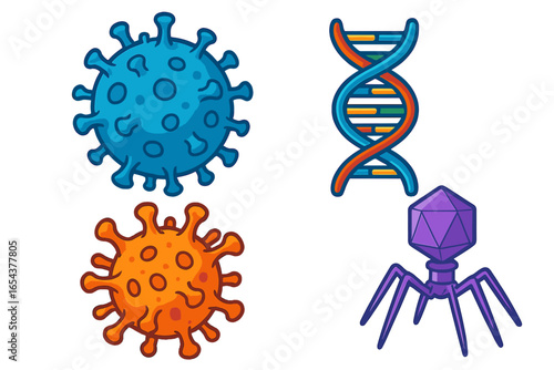 Set of microbiology and virology vector icons. Cartoon illustration of virus, bacteria, bacteriophage and DNA helix structure. Genetics and biology science concept design.
