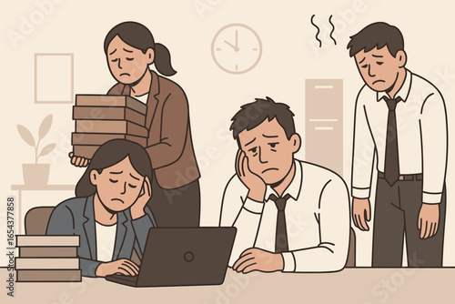 Unhappy workers concept. Overworked, tired and sad employees in office. Professional burnout, stress and fatigue. Man and woman at desk. Vector cartoon illustration.