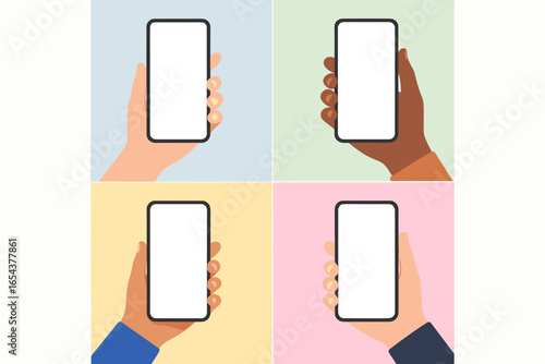 Set of diverse hands holding smartphones. Mobile phone mockup with blank white screen. Vector template collection for app UI presentation. Multiracial people using phones.