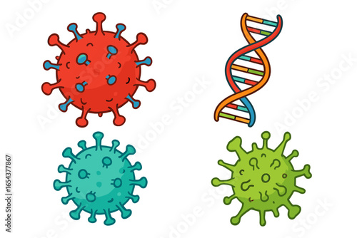 Set of virus and DNA cartoon vector icons. Collection of colorful microbe, bacteria, coronavirus cells and DNA helix structure. Biology, virology, science illustration.