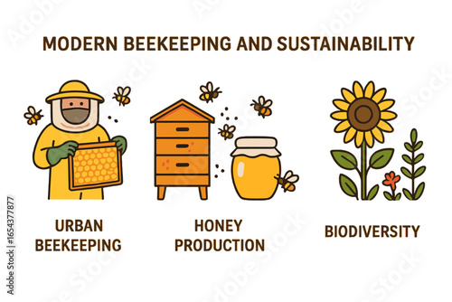 Modern beekeeping and sustainability infographic. Urban apiculture concept. Beekeeper with honeycomb, beehive, honey jar, bees and flowers. Biodiversity and honey production.