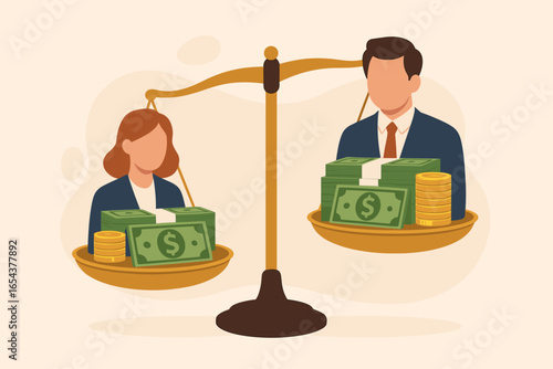 Unequal pay between man and woman. Weight scale with different salary and money. Concept of gender pay gap, wage disparity, financial inequality, and social injustice.