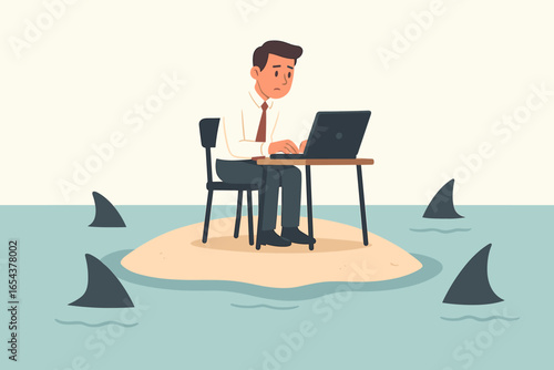 Internet surfing danger metaphor. Businessman with laptop on island surrounded by sharks. Concept of online risk, cybersecurity threat, phishing, fraud, business crisis, stress.