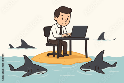 Concept of internet danger. Businessman working on laptop on isolated island surrounded by sharks. Metaphor for online risk, cybersecurity, phishing, crisis, vulnerability.