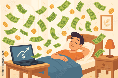 Passive income vector illustration. Man sleeping in bed and earning money online. Financial freedom concept with raining cash. Laptop shows investment growth and profit chart.
