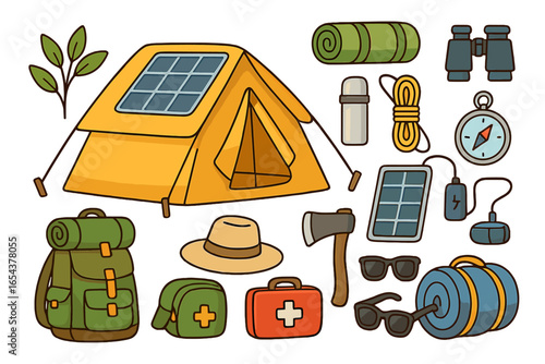 Camping gear and hiking equipment collection for outdoor adventure. Solar panel tent, backpack, survival kit items. Summer travel objects flat cartoon vector illustration set.
