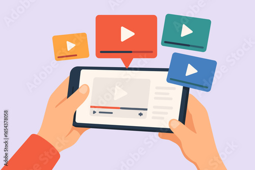 Hands holding smartphone watching online video content. Concept for streaming service, social media, or viral tube channel. Multimedia entertainment on mobile phone screen vector.
