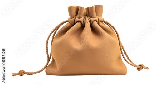 Soft drawstring pouch in suede texture, isolated on white background