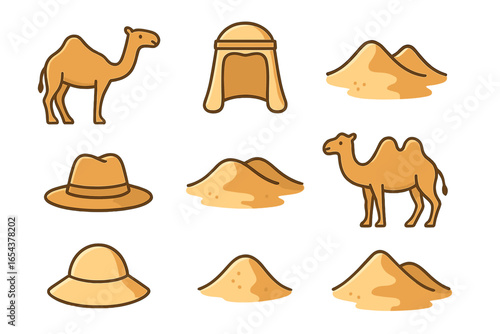 Desert travel icon collection. Set of cartoon vector illustrations. Camel, dromedary, bactrian, sand dune, keffiyeh, safari hat. Minimalist outline design for tourism.