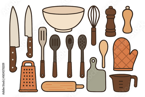 Kitchen utensils vector set. Cooking and baking tools. Culinary equipment collection. Kitchenware icons. Knife, bowl, whisk, rolling pin, grater, spoon, oven mitt. Food prep.