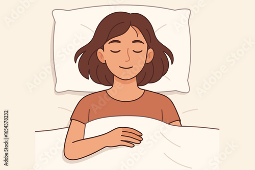 Woman sleeping peacefully in bed. Young female person resting, feeling comfort and relaxed with head on pillow. Concept of good night, healthy sleep, sweet dreams and rest.