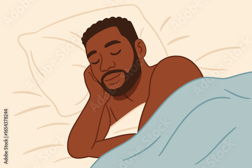 Black man sleeping in bed. African American person resting. Concept of relaxation, comfort, health, sleep cycle, dream, bedtime. Serene male character having a nap alone.