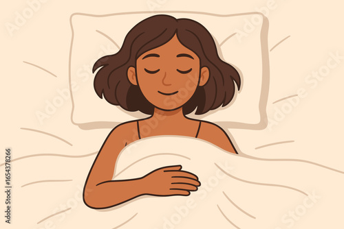 Woman sleeping in bed. Top down view of serene female person relaxing. Concept of comfort, good night, bedtime and healthy sleep. Mental health and wellbeing vector illustration.
