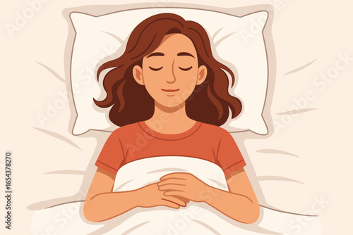Woman sleeping in bed, peaceful female person resting. Concept of comfort, relaxation, healthy sleep, wellness and napping. Serene character with closed eyes in bedroom.
