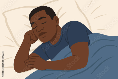 Black man sleeping in bed. African American person with eyes closed on pillow under blanket. Concept of rest, relaxation, deep sleep, nap, calm, dream, quiet, bedtime.