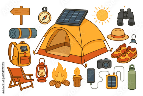 Camping gear and hiking equipment set. Vector illustration of outdoor adventure items. Solar panel tent, backpack, campfire, compass. Summer travel and tourism concept.