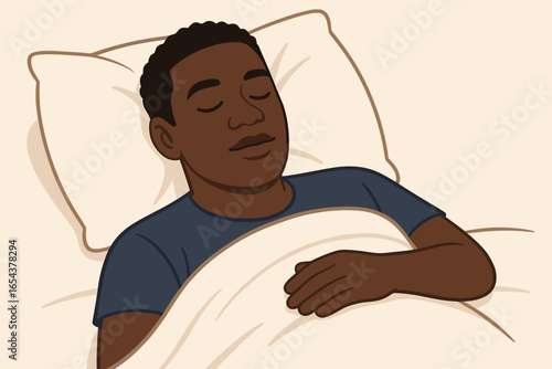 Black African American man sleeping peacefully in bed. Young adult male character resting on a pillow, dreaming. Concept of healthy sleep, relaxation, comfort, and well-being.