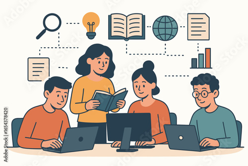 Teamwork concept for self-development and business training. People studying, doing research and gaining information online. Flat design vector illustration of skill improvement.