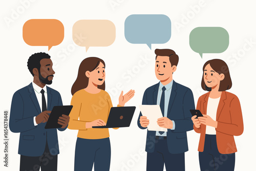 Diverse business people team talking. Office communication concept. Corporate teamwork discussion. Colleagues meeting with gadgets. Speech bubbles for dialogue. Flat vector.