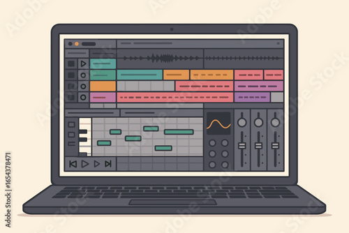 Digital audio workstation on a laptop computer screen. Music production software interface with sequencer, mixer and synthesizer. Concept for audio engineering, beat making.