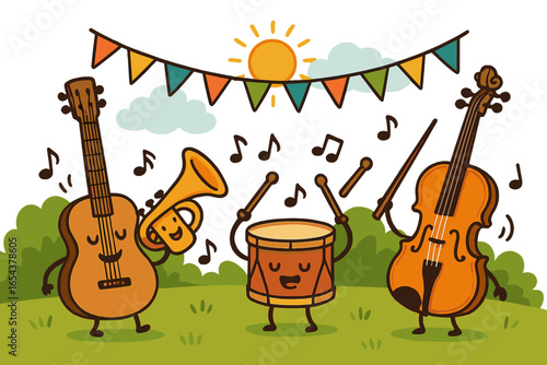 Cute cartoon musical instrument characters play music at an outdoor summer festival. Vector illustration of a happy guitar, drum, trumpet, and violin band in a park on a sunny day.