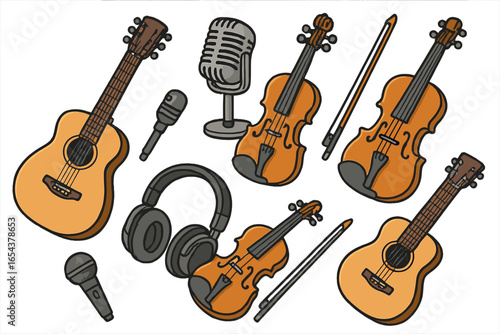 Set of musical instruments vector cartoon illustration. Acoustic guitar, violin, microphone, headphones collection. Music recording studio equipment for concert, festival or lesson.