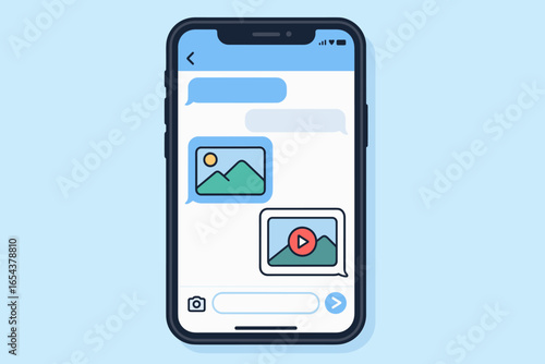 Phone text messages on smartphone screen. Chatting app with text bubbles, sending photos, videos. Digital communication concept. Social media messenger interface. Vector illustration.