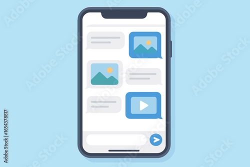 Phone screen with chat bot, text messages. Sending photo and video files. Digital communication concept. Social media messenger app. Online conversation, dialogue bubbles.