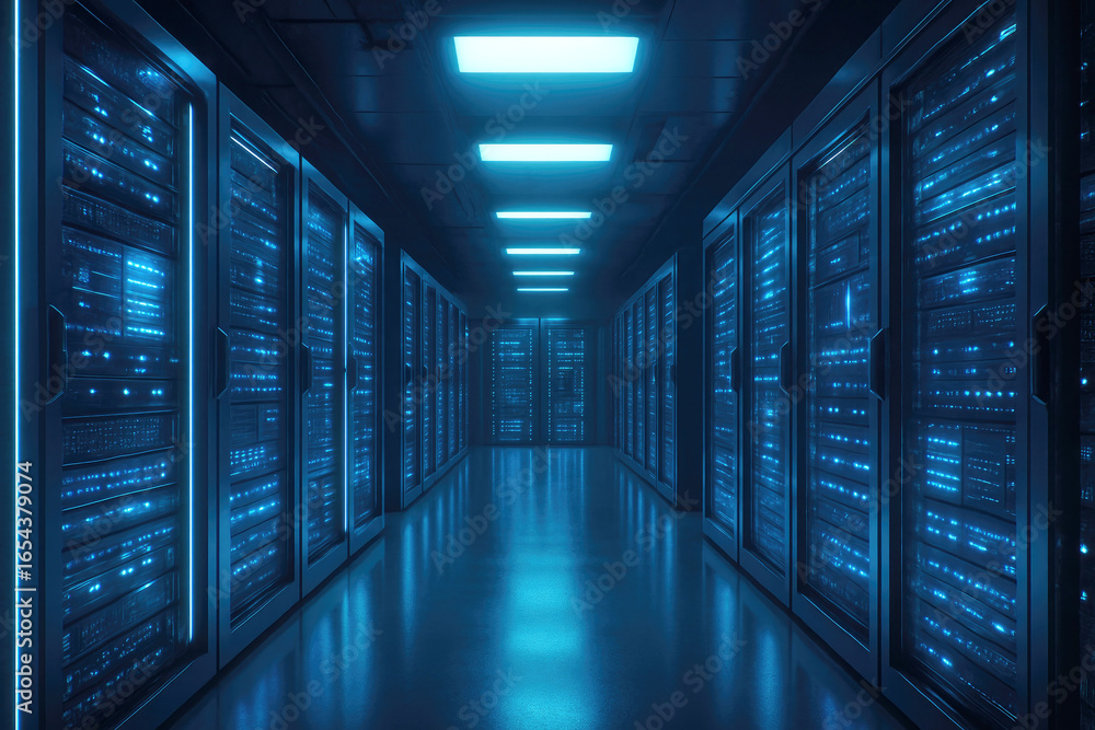 Fototapeta premium Server room aisle with glowing blue server racks and overhead lighting data center technology