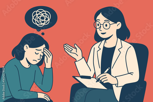 Psychotherapy concept. Woman talking to a psychologist. Patient with mental health problem, depression, anxiety. Female therapist at a support session. Tangled thoughts illustration.