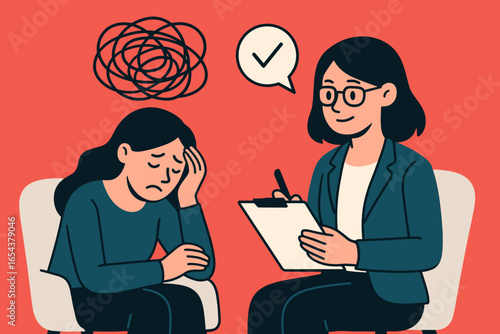 Psychotherapy session with woman talking to psychologist. Patient with tangled thoughts, depression, anxiety. Mental health, psychology, counseling and support vector concept.