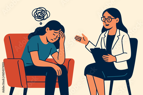 Psychotherapy session with a female patient receiving mental health treatment from a therapist. Vector concept for anxiety, depression, stress, psychology, and counseling support.
