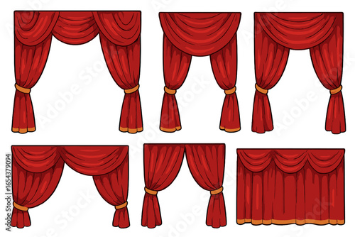 Set of red theater curtains, vector illustration. Stage drapery for cinema, opera, or show performance. Cartoon style collection of various classic scarlet velvet drapes.