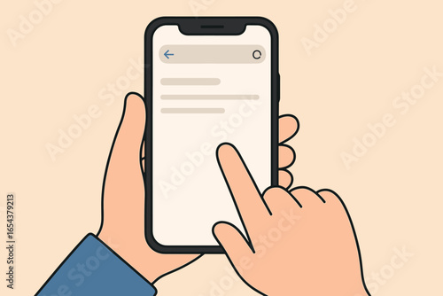 Phone mockup with hand. Finger touching screen. Mobile smartphone with blank browser user interface. Web search concept. Vector template for app, website. Flat design cartoon.