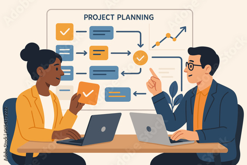 Project planning and roadmap with managers assigning tasks. Team making a plan and strategy for business progress. Collaboration, workflow, and timeline management concept vector.