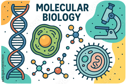 Molecular biology concept with DNA helix, science cell, and microscope. Vector cartoon illustration set for genetics, chemistry, and laboratory research. Scientific icon collection.