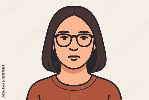 Woman face portrait with glasses vector illustration. Serious or neutral expression of a casual female person. User profile avatar, character headshot flat design front view concept.