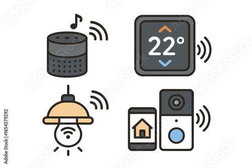 Smart home icon set. IoT devices collection. Home automation technology. Wireless control for house. Vector icons of speaker, thermostat, light, doorbell. Connectivity concept.