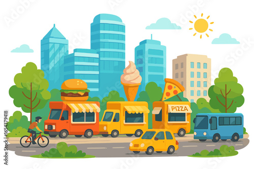 Cityscape with food trucks. Street food festival concept. Urban scene with fast food vans. Burger, pizza, ice cream. Summer in the city. Vector cartoon illustration.