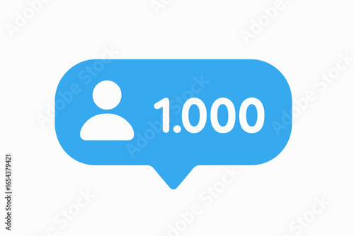 Social media follower count notification. 1000 followers celebration symbol. User profile icon in a blue bubble. Community growth and subscriber milestone for blog or app.